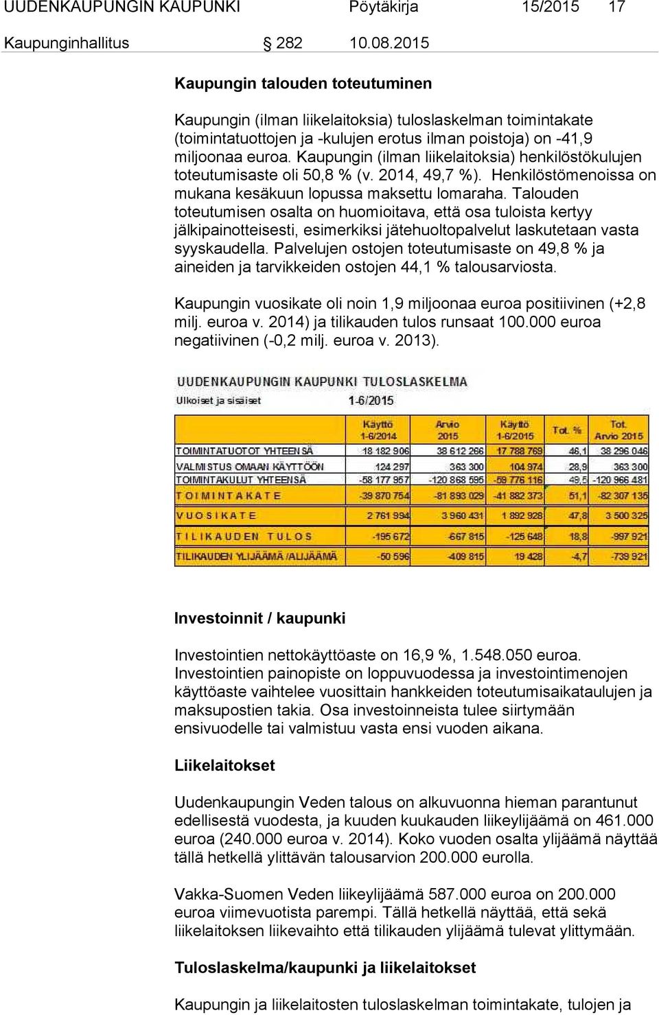 Kaupungin (ilman liikelaitoksia) henkilöstökulujen toteutumisaste oli 50,8 % (v. 2014, 49,7 %). Henkilöstömenoissa on mukana kesäkuun lopussa maksettu lomaraha.