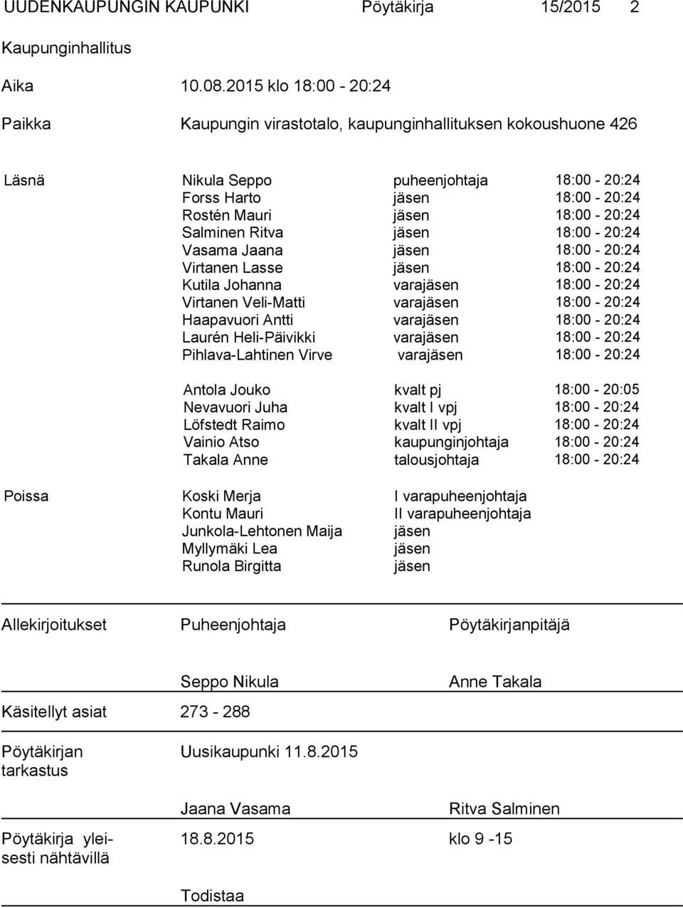 Salminen Ritva jäsen 18:00-20:24 Vasama Jaana jäsen 18:00-20:24 Virtanen Lasse jäsen 18:00-20:24 Kutila Johanna varajäsen 18:00-20:24 Virtanen Veli-Matti varajäsen 18:00-20:24 Haapavuori Antti