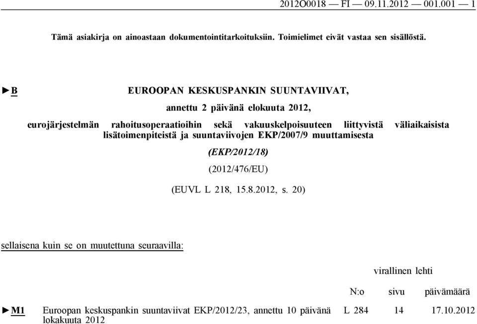 väliaikaisista lisätoimenpiteistä ja suuntaviivojen EKP/2007/9 muuttamisesta (EKP/2012/18) (2012/476/EU) (EUVL L 218, 15.8.2012, s.