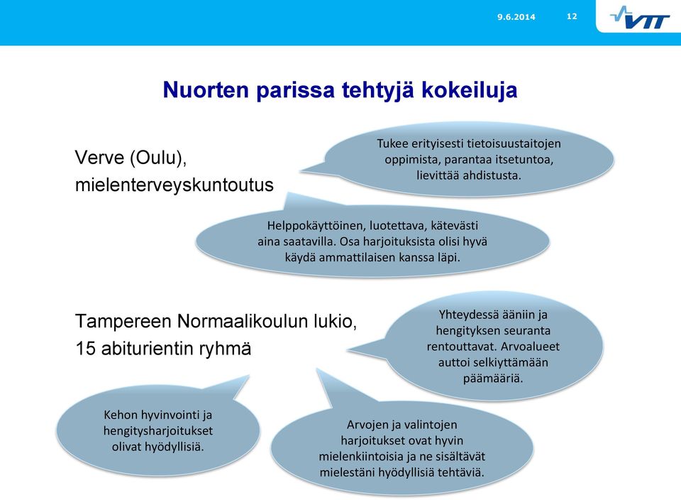 Tampereen Normaalikoulun lukio, 15 abiturientin ryhmä Yhteydessä ääniin ja hengityksen seuranta rentouttavat. Arvoalueet auttoi selkiyttämään päämääriä.