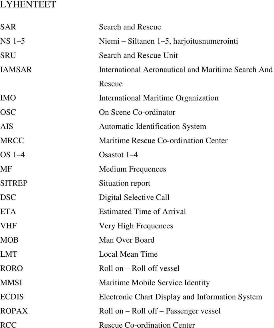 Frequences SITREP Situation report DSC Digital Selective Call ETA Estimated Time of Arrival VHF Very High Frequences MOB Man Over Board LMT Local Mean Time RORO Roll on