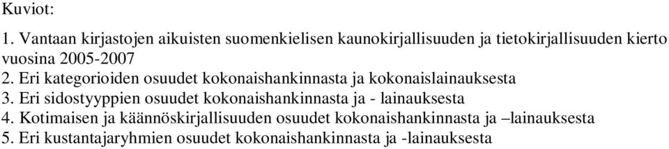 2005-2007 2. Eri kategorioiden osuudet kokonaishankinnasta ja kokonaislainauksesta 3.