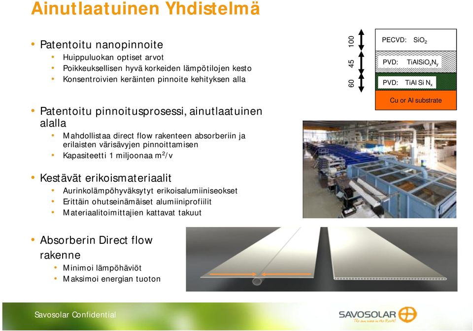 absorberiin ja erilaisten värisävyjen pinnoittamisen Kapasiteetti 1 miljoonaa m 2 /v Kestävät erikoismateriaalit Aurinkolämpöhyväksytyt erikoisalumiiniseokset