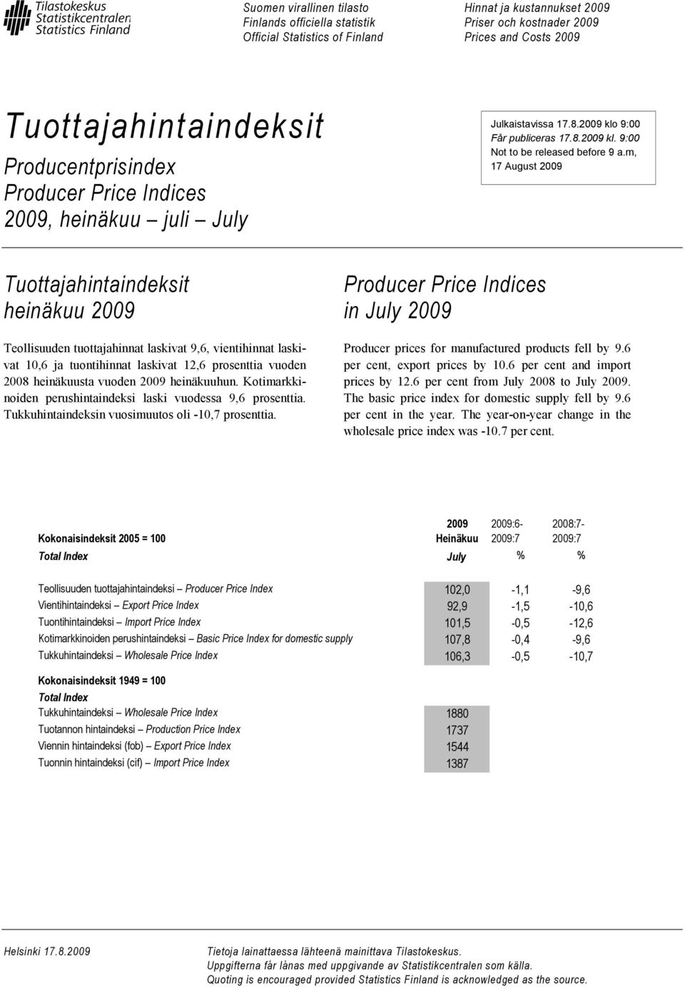 m, 17 August 2009 Tuottajahintaindeksit heinäkuu 2009 Teollisuuden tuottajahinnat laskivat 9,6, vientihinnat laskivat 10,6 ja tuontihinnat laskivat 12,6 prosenttia vuoden 2008 heinäkuusta vuoden 2009