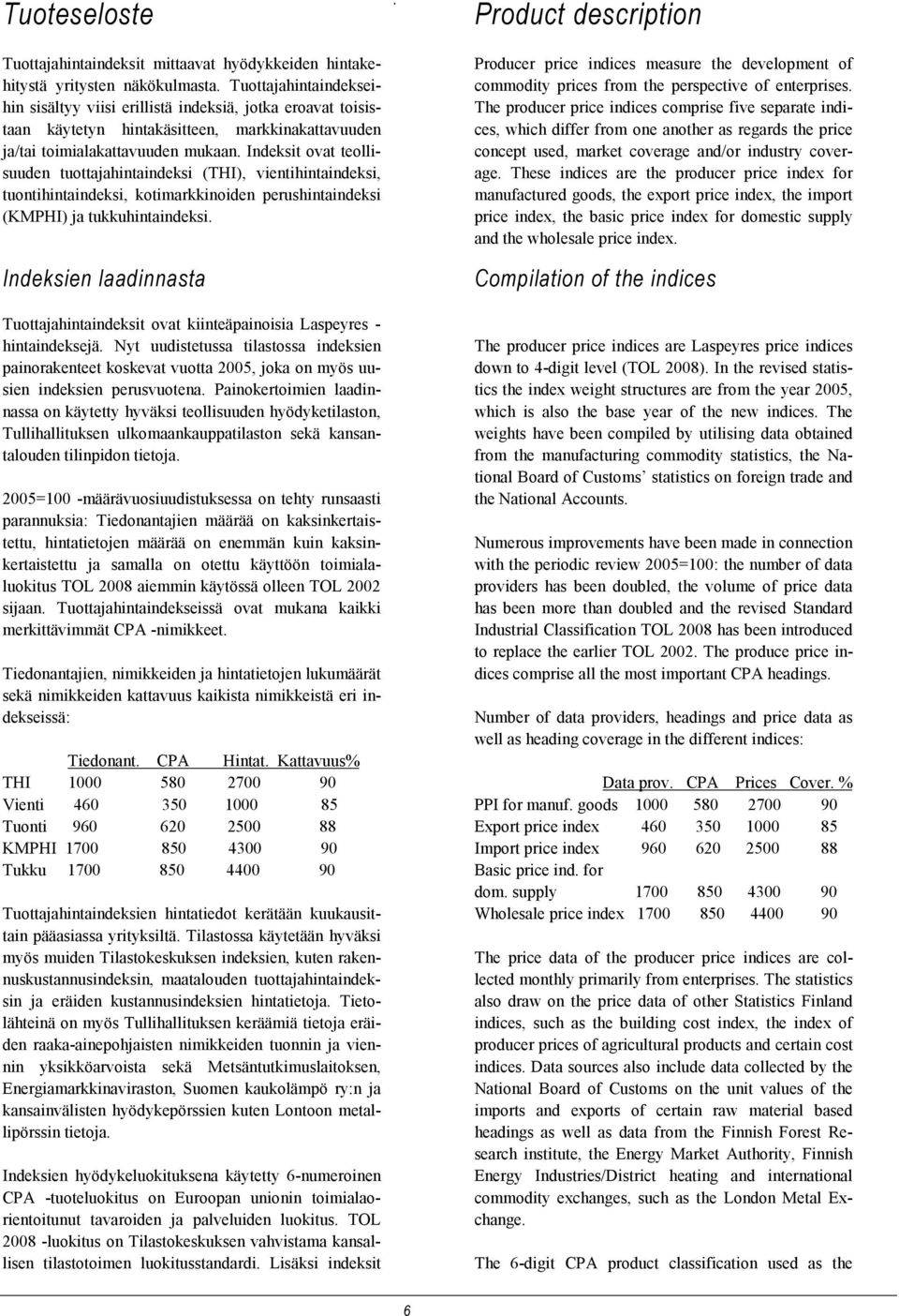 Indeksit ovat teollisuuden tuottajahintaindeksi (THI), vientihintaindeksi, tuontihintaindeksi, kotimarkkinoiden perushintaindeksi (KMPHI) ja tukkuhintaindeksi.