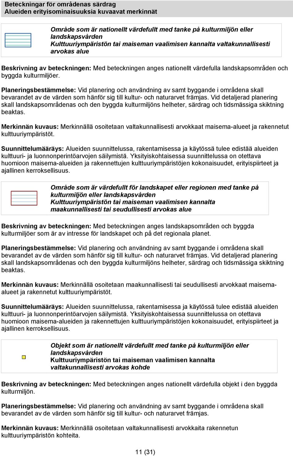 Planeringsbestämmelse: Vid planering och användning av samt byggande i områdena skall bevarandet av de värden som hänför sig till kultur- och naturarvet främjas.