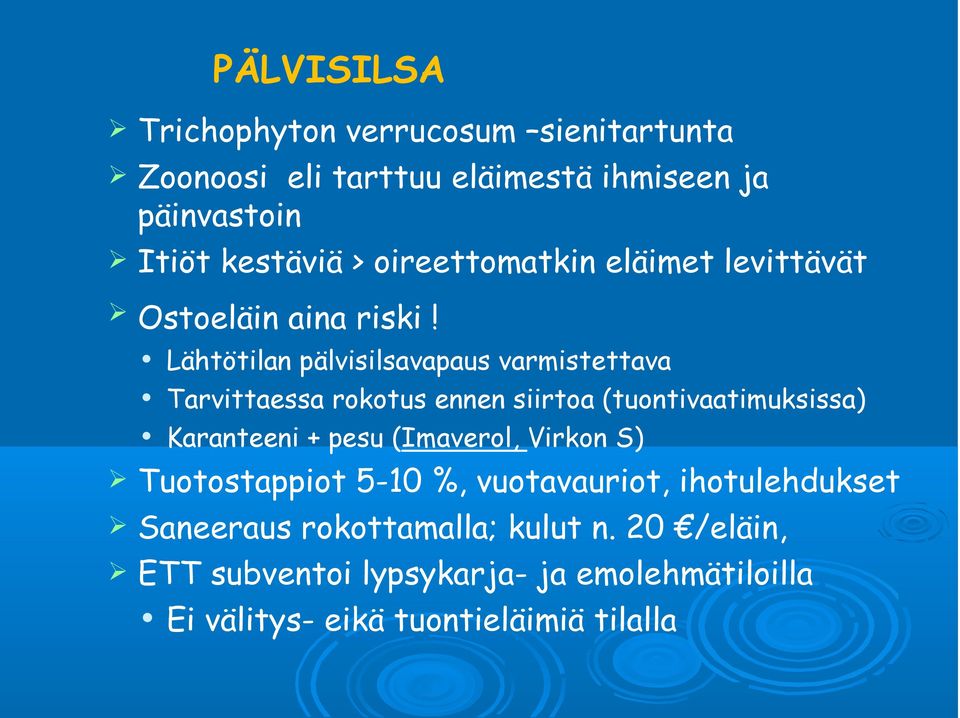 Lähtötilan pälvisilsavapaus varmistettava Tarvittaessa rokotus ennen siirtoa (tuontivaatimuksissa) Karanteeni + pesu