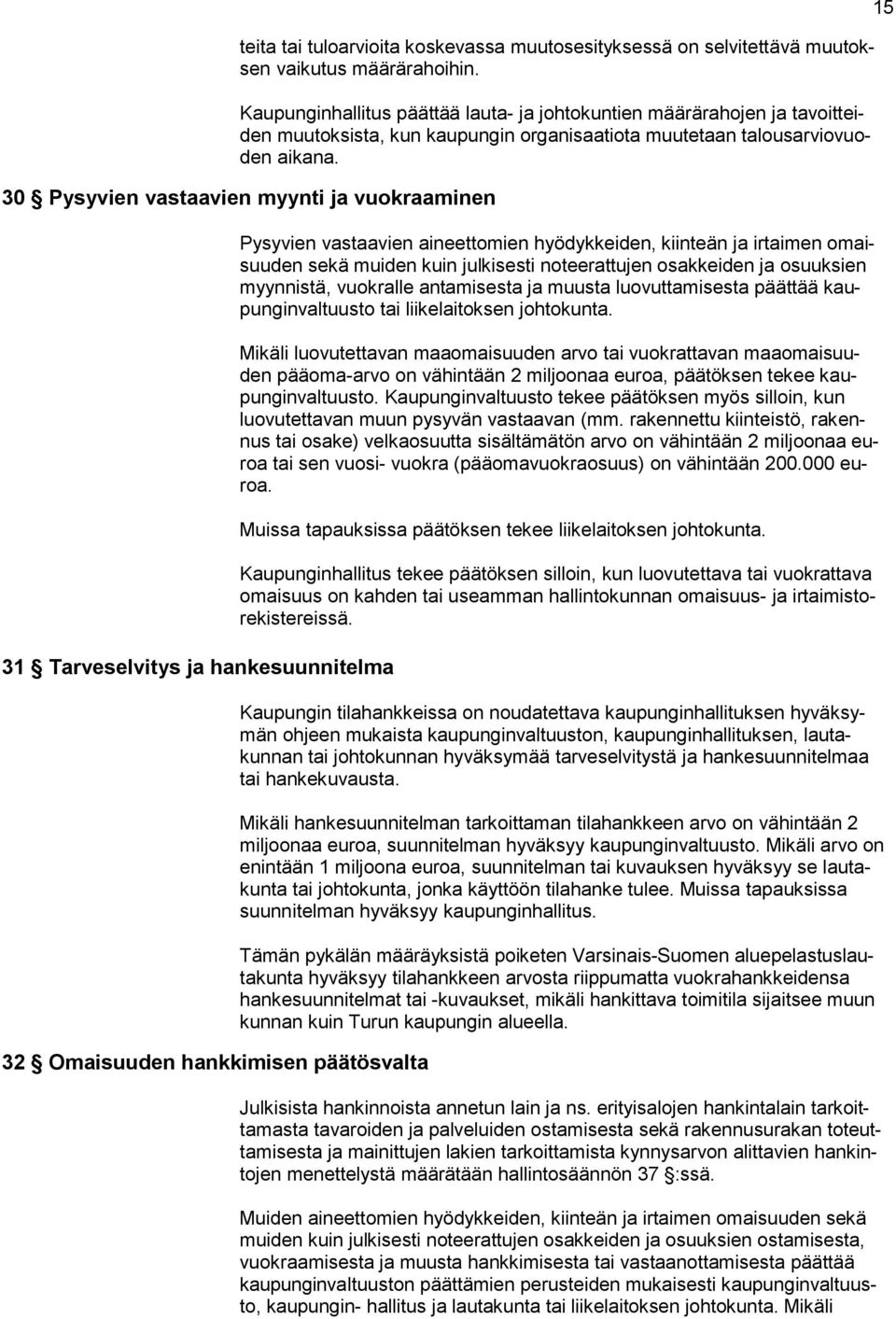 30 Pysyvien vastaavien myynti ja vuokraaminen 31 Tarveselvitys ja hankesuunnitelma 32 Omaisuuden hankkimisen päätösvalta Pysyvien vastaavien aineettomien hyödykkeiden, kiinteän ja irtaimen omaisuuden