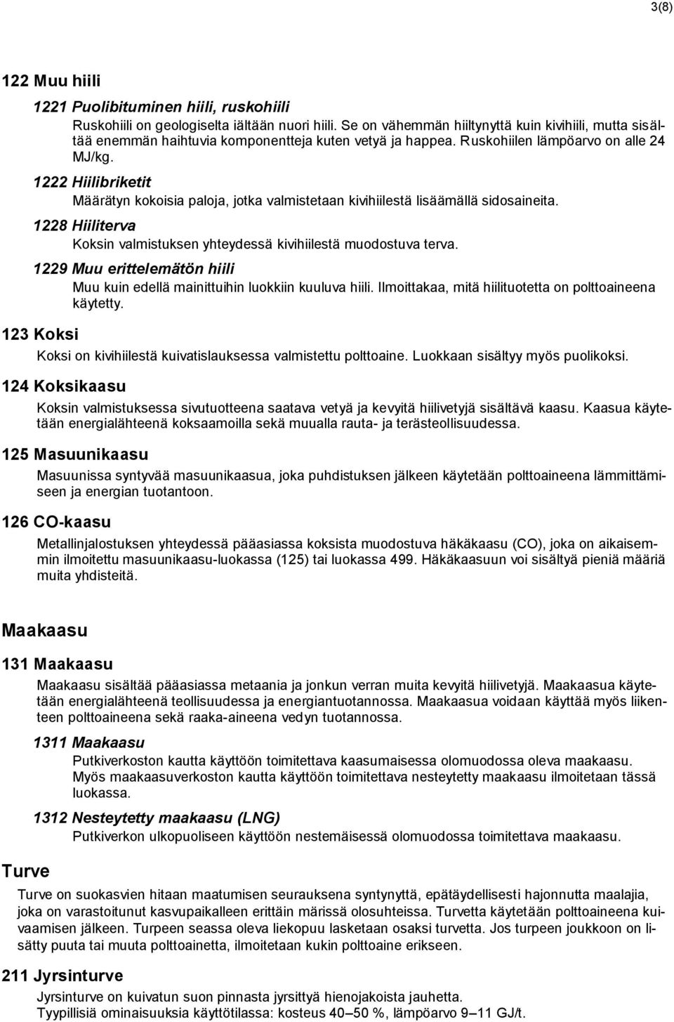 1222 Hiilibriketit Määrätyn kokoisia paloja, jotka valmistetaan kivihiilestä lisäämällä sidosaineita. 1228 Hiiliterva Koksin valmistuksen yhteydessä kivihiilestä muodostuva terva.