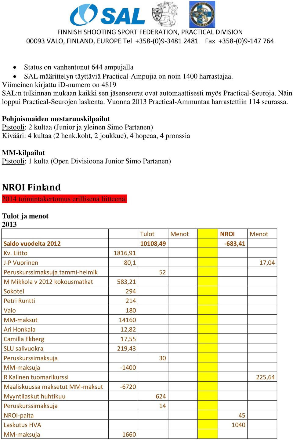 Vuonna 2013 Practical-Ammuntaa harrastettiin 114 seurassa. Pohjoismaiden mestaruuskilpailut Pistooli: 2 kultaa (Junior ja yleinen Simo Partanen) Kivääri: 4 kultaa (2 henk.