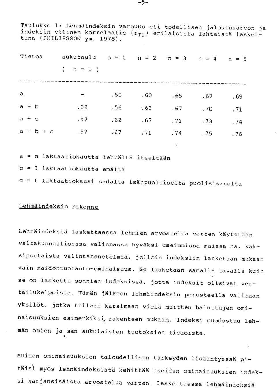 76 n laktaatiokautta lehmältä itseltään b = 3 laktaatiokautta emältä c = 1 laktaatiokausi sadalla isänpuoleiselta puolisisarelta Lehmäindeksin rakenne Lehmäindeksiä laskettaessa lehmien arvostelua