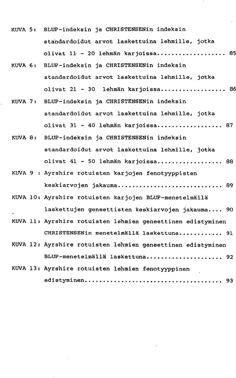 BLUP-indeksin ja CHR1STENSENin indeksin standardoidut arvot laskettuina lehmille, jotka olivat 41-50 lehmän karjoissa 88 KUVA 9 : Ayrshire rotuisten karjojen fenotyyppisten keskiarvojen jakauma 89