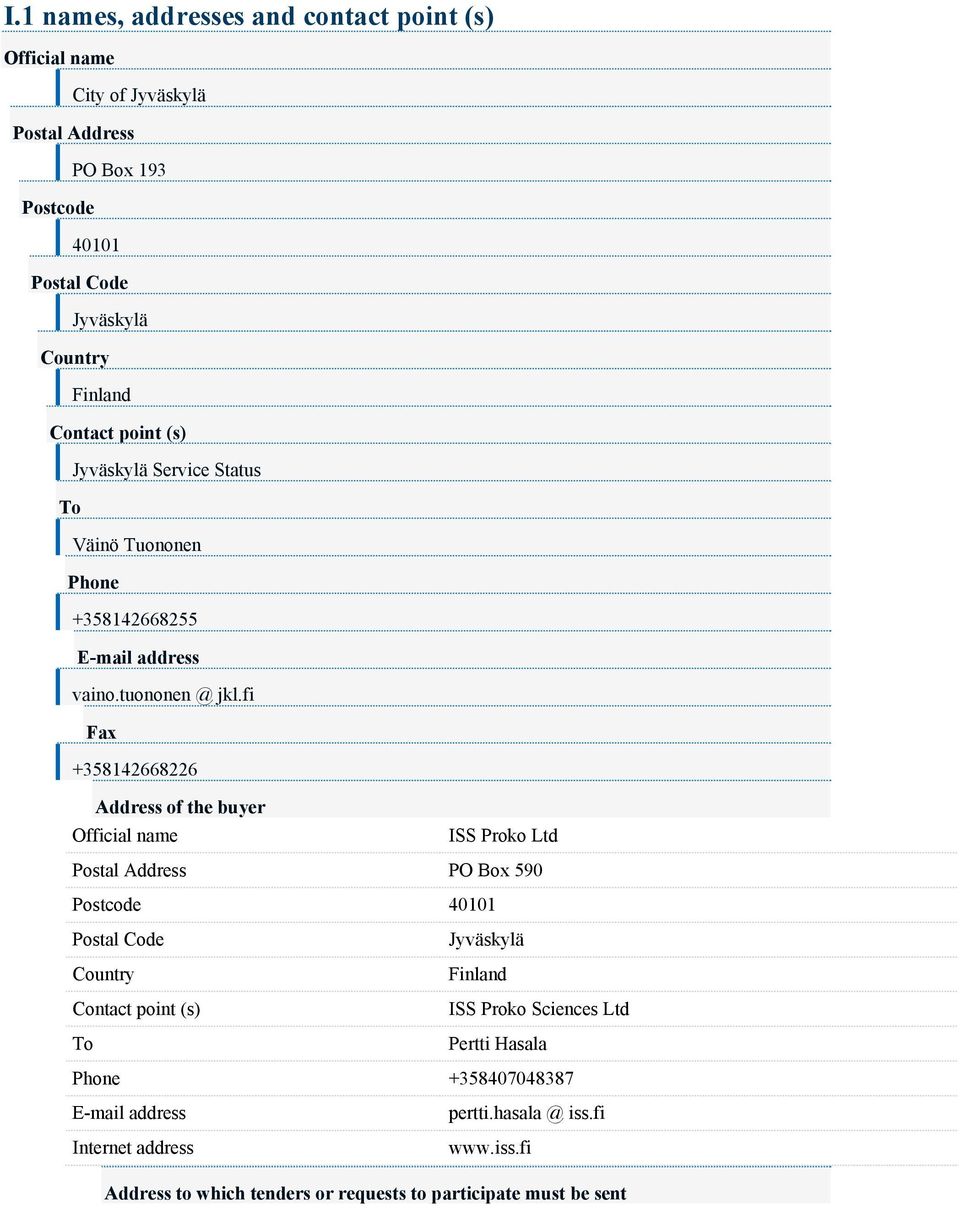 fi Fax +358142668226 Address of the buyer Official name ISS Proko Ltd Postal Address PO Box 590 Postcode 40101 Postal Code Country Contact point
