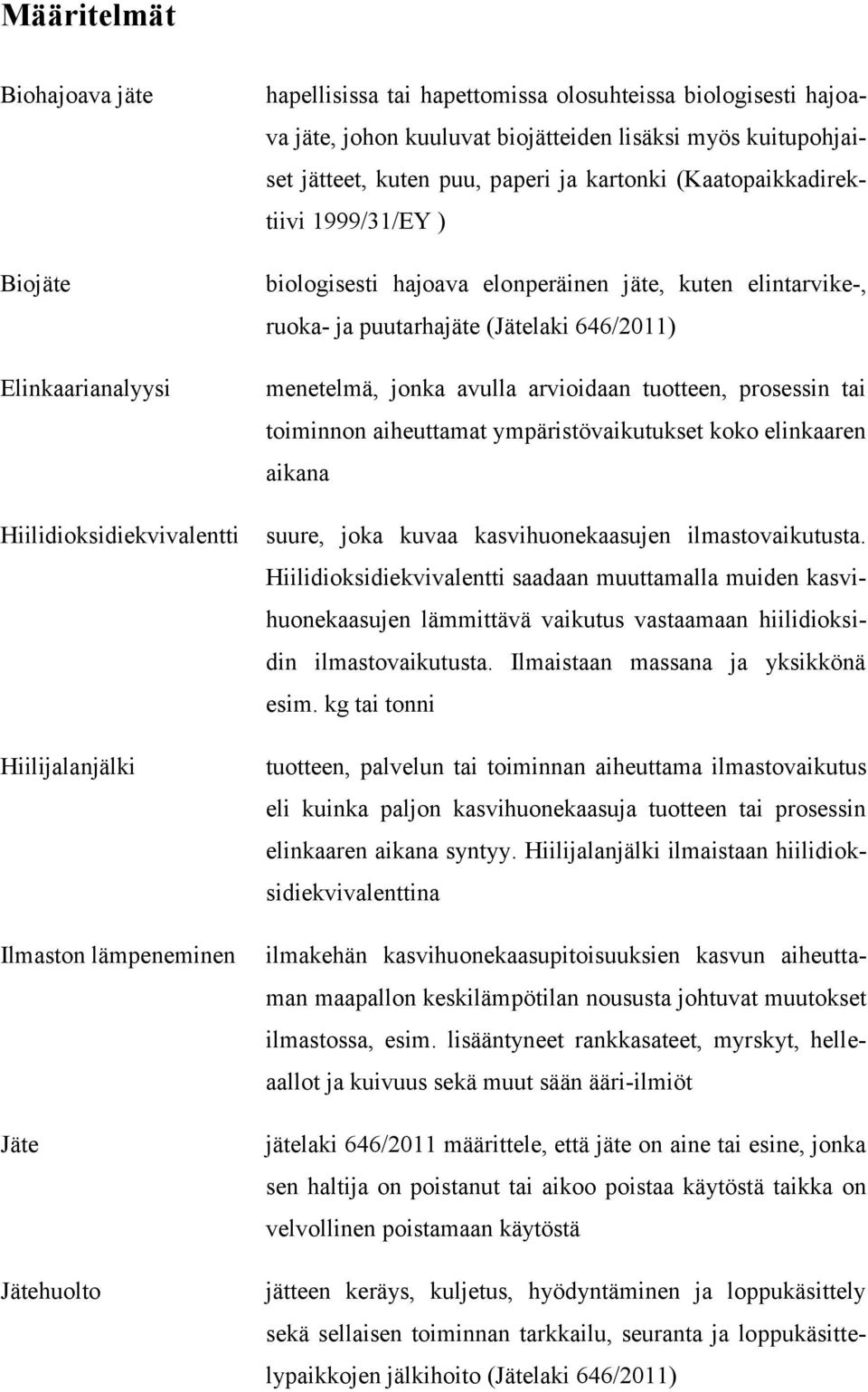 ruoka- ja puutarhajäte (Jätelaki 646/2011) menetelmä, jonka avulla arvioidaan tuotteen, prosessin tai toiminnon aiheuttamat ympäristövaikutukset koko elinkaaren aikana suure, joka kuvaa