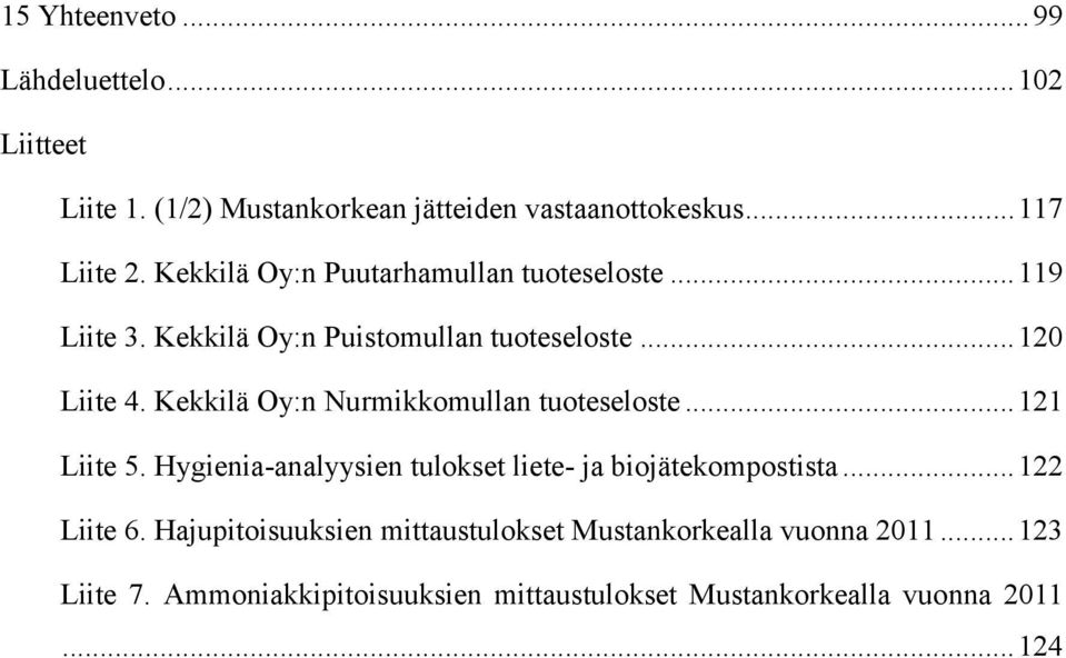 Kekkilä Oy:n Nurmikkomullan tuoteseloste... 121 Liite 5. Hygienia-analyysien tulokset liete- ja biojätekompostista... 122 Liite 6.