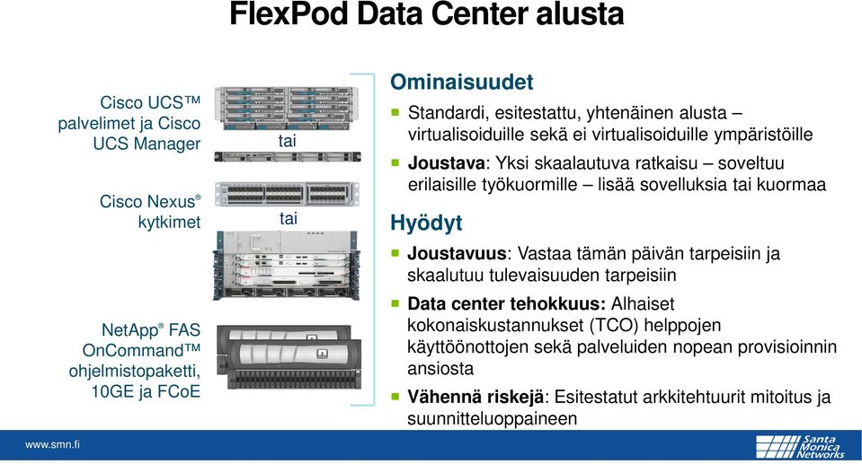 työkuormille lisää sovelluksia tai kuormaa Hyödyt Joustavuus: Vastaa tämän päivän tarpeisiin ja skaalutuu tulevaisuuden tarpeisiin Data center tehokkuus: Alhaiset