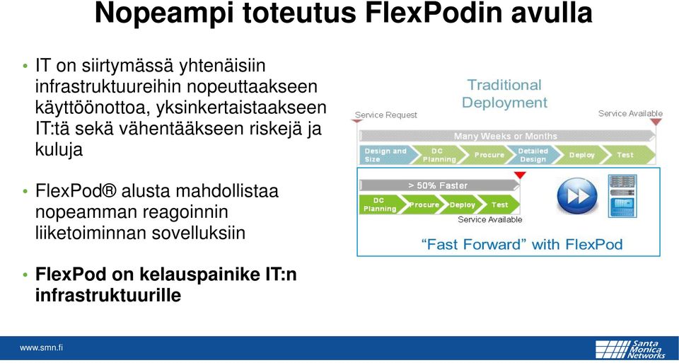 sekä vähentääkseen riskejä ja kuluja FlexPod alusta mahdollistaa nopeamman