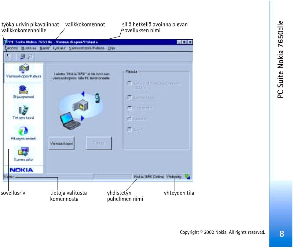 sovelluksen nimi PC Suite Nokia 7650:lle sovellusrivi