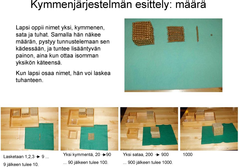 kun ottaa isomman yksikön käteensä. Kun lapsi osaa nimet, hän voi laskea tuhanteen.