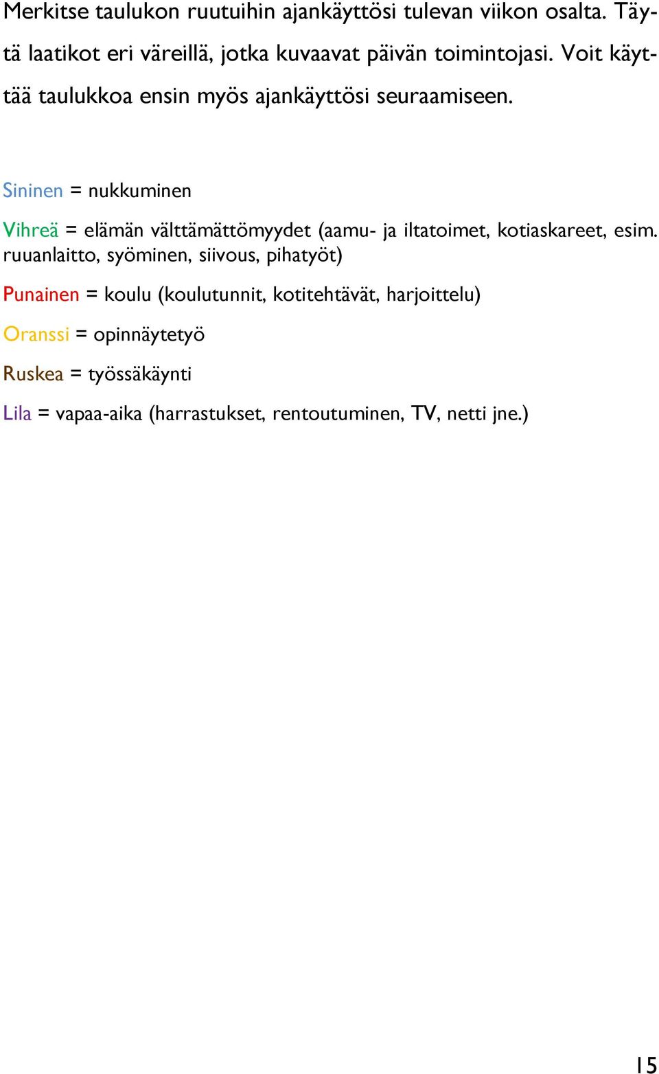 Sininen = nukkuminen Vihreä = elämän välttämättömyydet (aamu- ja iltatoimet, kotiaskareet, esim.