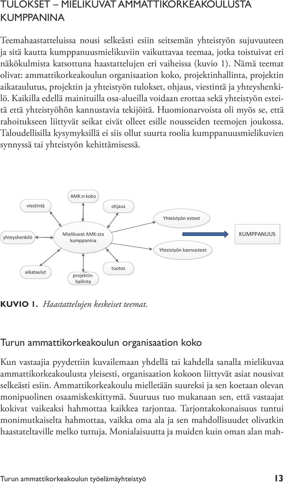 Nämä teemat olivat: ammattikorkeakoulun organisaation koko, projektinhallinta, projektin aikataulutus, projektin ja yhteistyön tulokset, ohjaus, viestintä ja yhteyshenkilö.