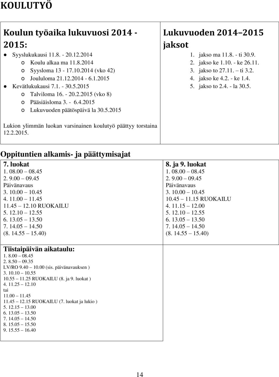 jakso ke 4.2. - ke 1.4. 5. jakso to 2.4. - la 30.5. Lukion ylimmän luokan varsinainen koulutyö päättyy torstaina 12.2.2015. Oppituntien alkamis- ja päättymisajat 7. luokat 1. 08.00 08.45 2. 9.00 09.