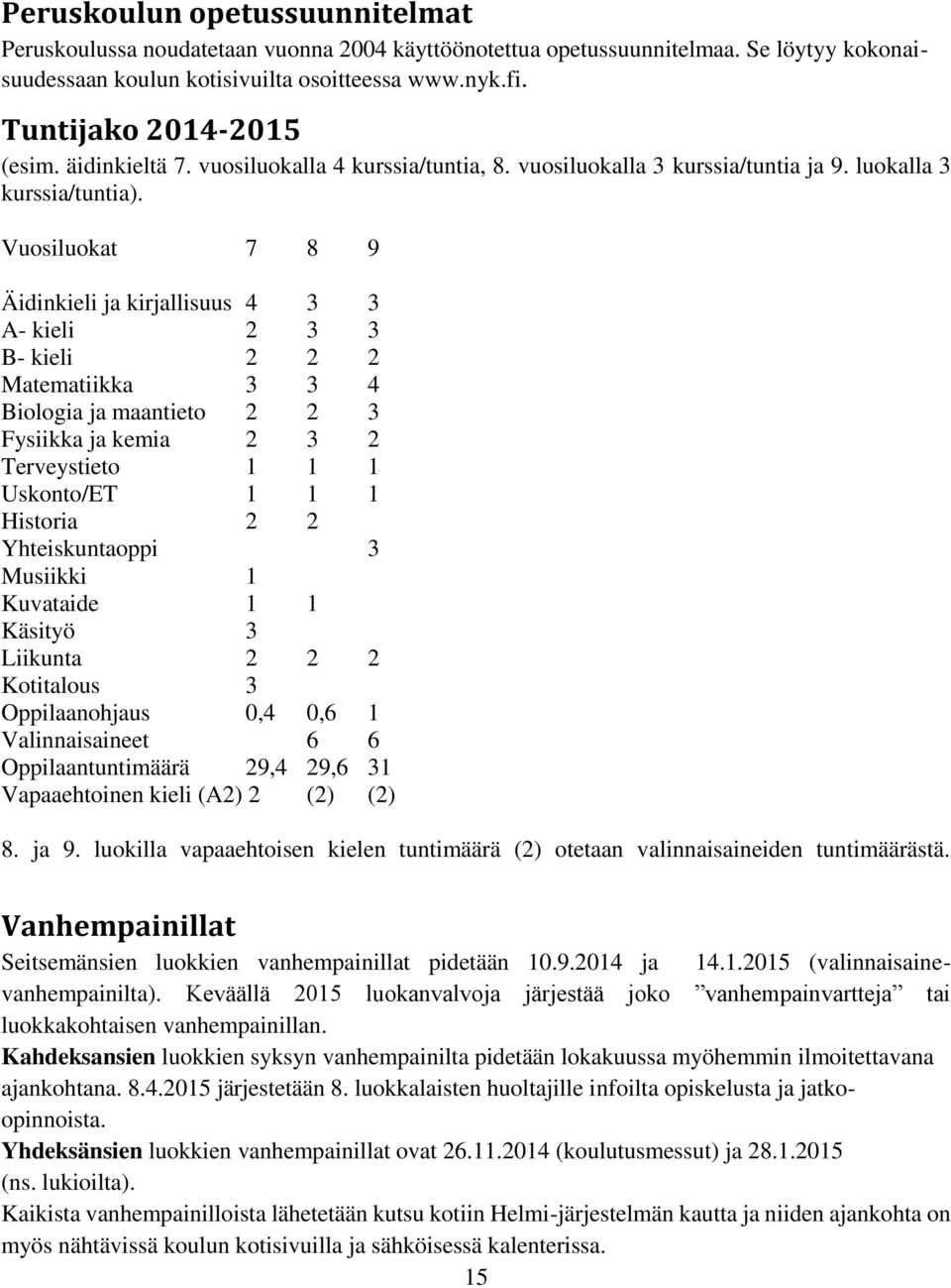 Vuosiluokat 7 8 9 Äidinkieli ja kirjallisuus 4 3 3 A- kieli 2 3 3 B- kieli 2 2 2 Matematiikka 3 3 4 Biologia ja maantieto 2 2 3 Fysiikka ja kemia 2 3 2 Terveystieto 1 1 1 Uskonto/ET 1 1 1 Historia 2