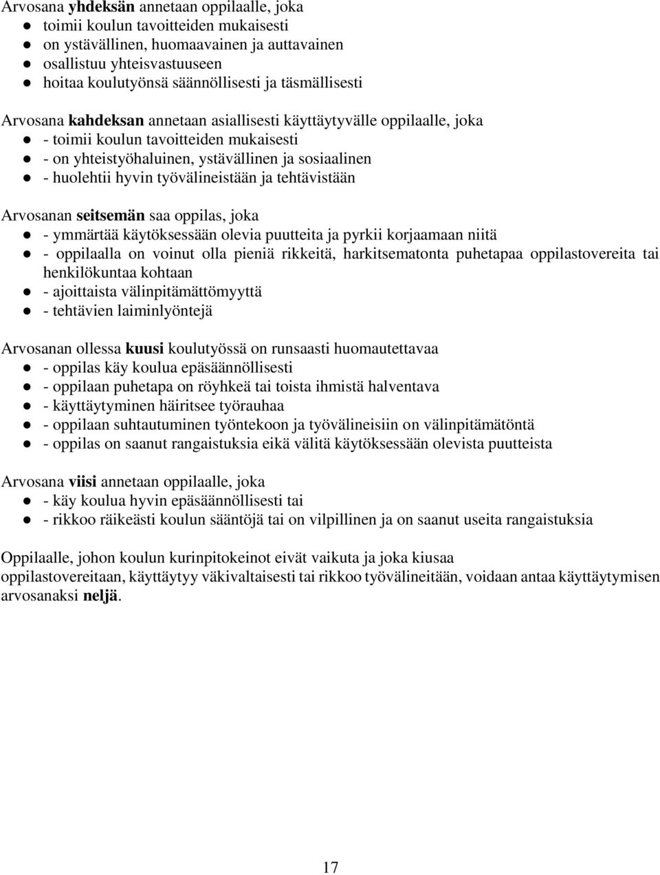 työvälineistään ja tehtävistään Arvosanan seitsemän saa oppilas, joka - ymmärtää käytöksessään olevia puutteita ja pyrkii korjaamaan niitä - oppilaalla on voinut olla pieniä rikkeitä, harkitsematonta