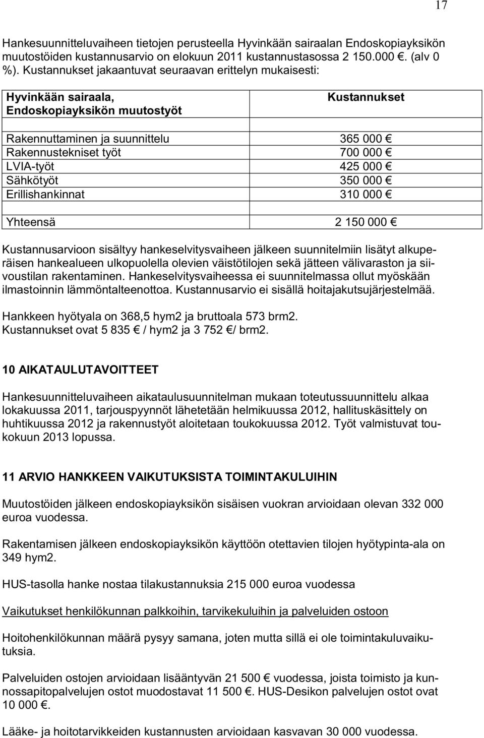 425 000 Sähkötyöt 350 000 Erillishankinnat 310 000 Yhteensä 2 150 000 Kustannusarvioon sisältyy hankeselvitysvaiheen jälkeen suunnitelmiin lisätyt alkuperäisen hankealueen ulkopuolella olevien