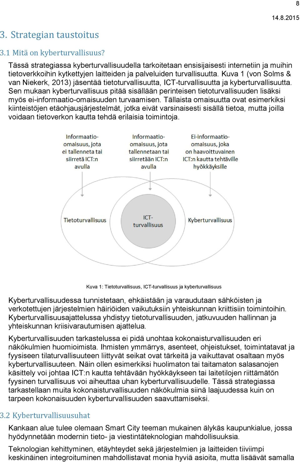 Kuva 1 (von Solms & van Niekerk, 2013) jäsentää tietoturvallisuutta, ICT-turvallisuutta ja kyberturvallisuutta.