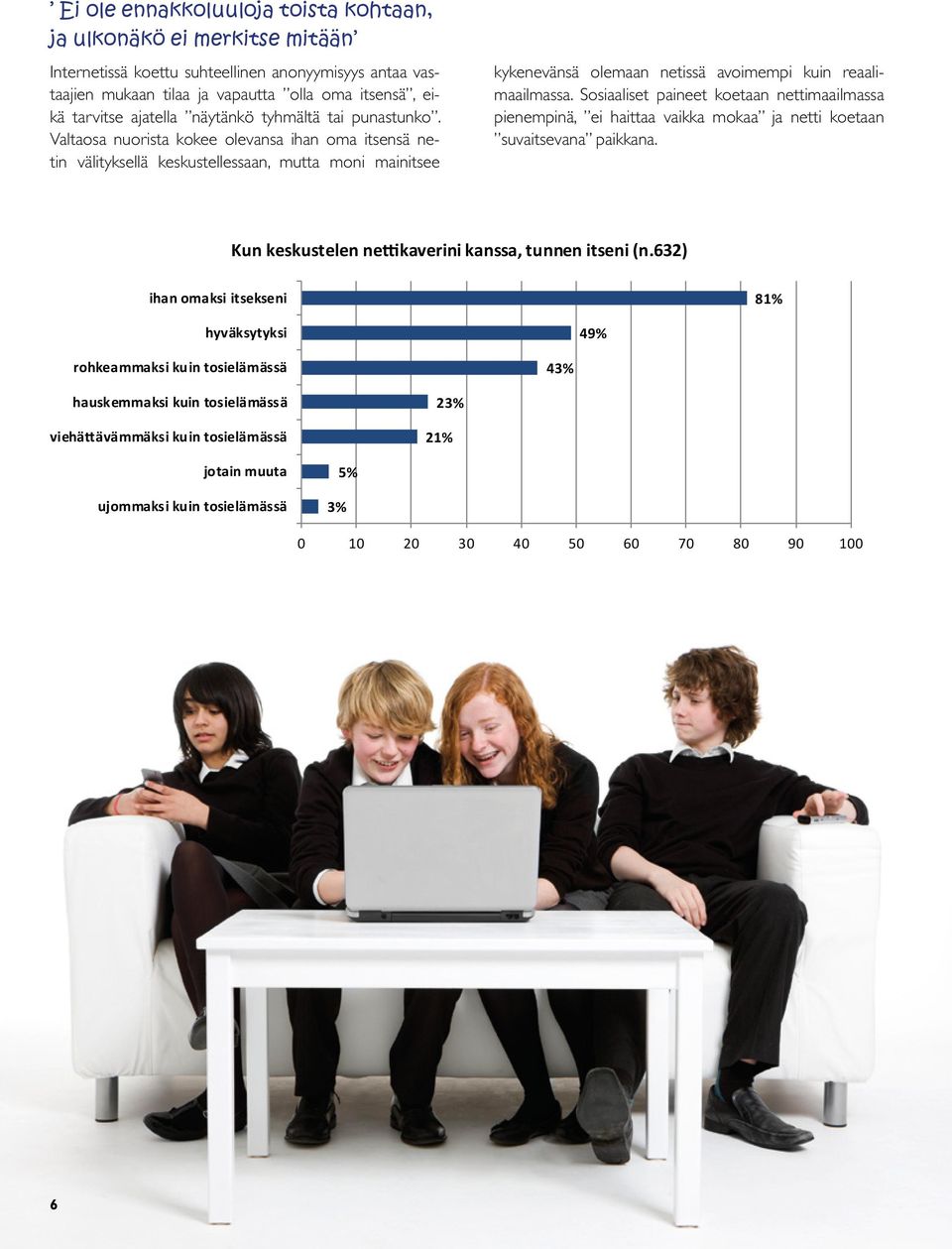 Valtaosa nuorista kokee olevansa ihan oma itsensä netin välityksellä keskustellessaan, mutta moni mainitsee kykenevänsä olemaan netissä avoimempi kuin reaalimaailmassa.