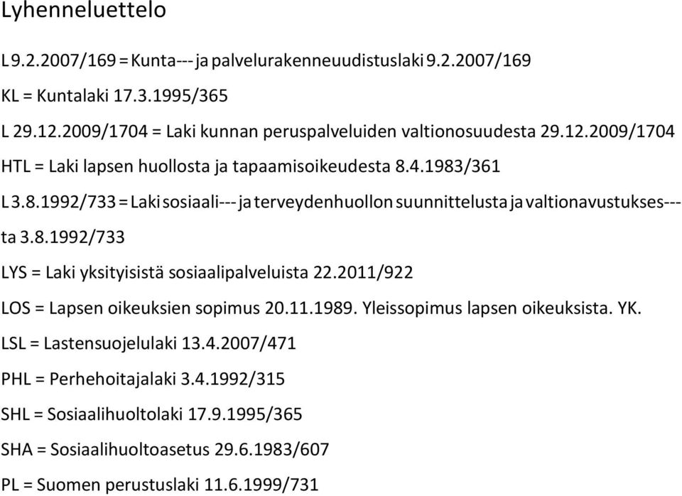 4.1983/361 L 3.8.1992/733 = Laki sosiaali--- ja terveydenhuollon suunnittelusta ja valtionavustukses--- ta 3.8.1992/733 LYS = Laki yksityisistä sosiaalipalveluista 22.