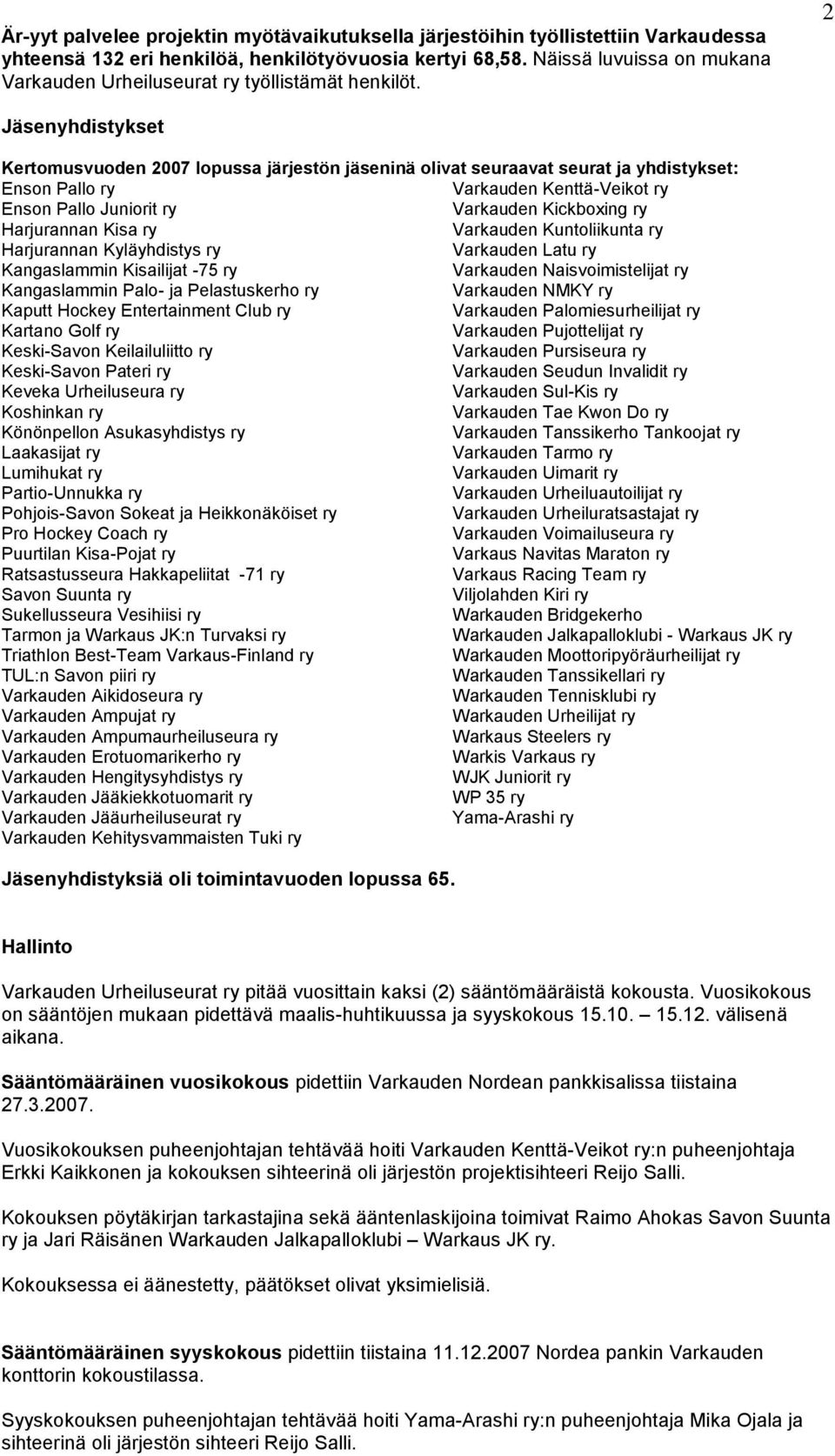 2 Jäsenyhdistykset Kertomusvuoden 2007 lopussa järjestön jäseninä olivat seuraavat seurat ja yhdistykset: Enson Pallo ry Varkauden Kenttä-Veikot ry Enson Pallo Juniorit ry Varkauden Kickboxing ry