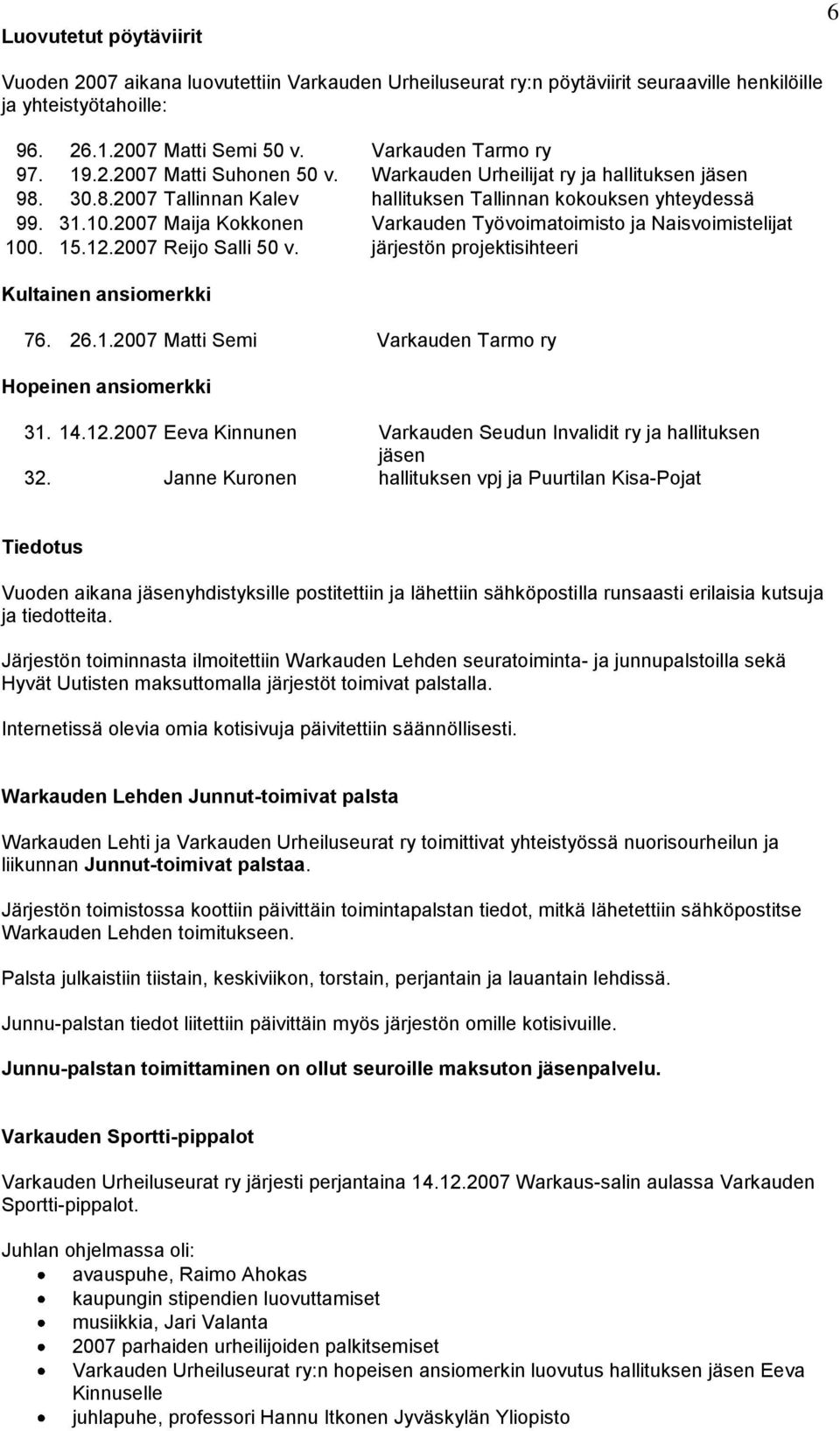 2007 Maija Kokkonen Varkauden Työvoimatoimisto ja Naisvoimistelijat 100. 15.12.2007 Reijo Salli 50 v. järjestön projektisihteeri Kultainen ansiomerkki 76. 26.1.2007 Matti Semi Varkauden Tarmo ry Hopeinen ansiomerkki 31.