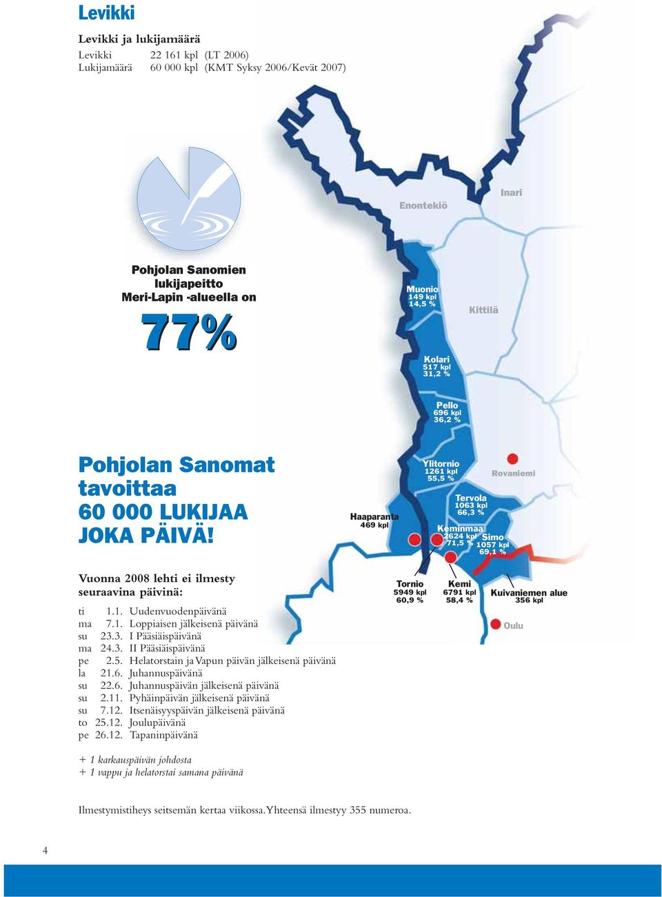 Haaparanta 469 kpl Ylitornio 1261 kpl 55,5 % Tervola 1063 kpl 66,3 % Keminmaa 2624 kpl Simo 71,5 % 1057 kpl 69,1 % Rovaniemi Vuna 2008 lehti ei ilmesty seuraavina päivinä: ti 1.1. Uudenvuodenpäivänä ma 7.