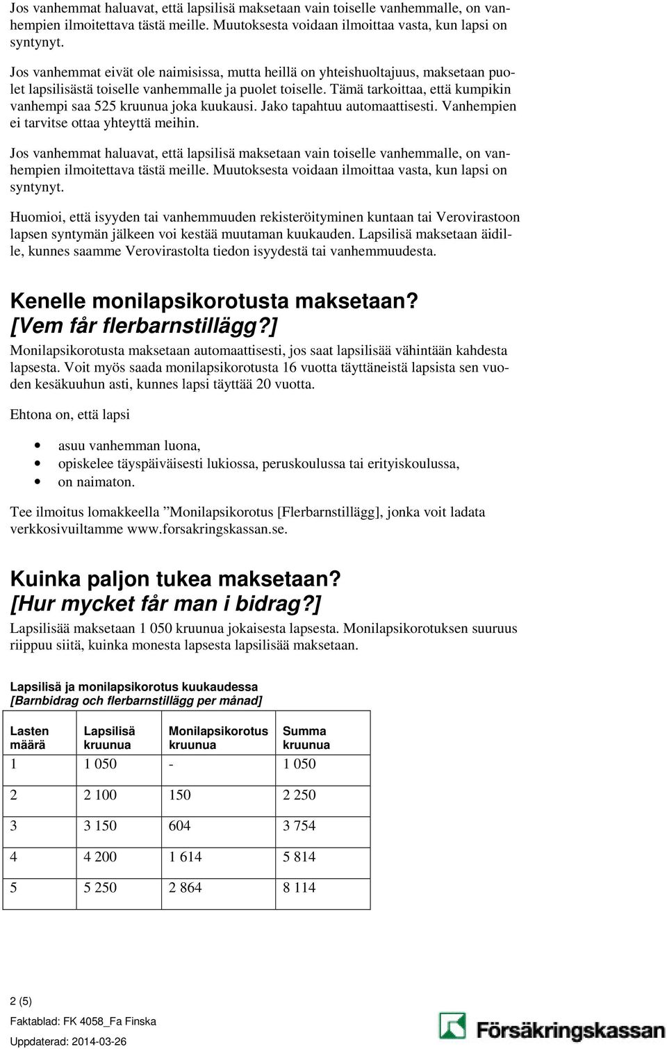 Tämä tarkoittaa, että kumpikin vanhempi saa 525 joka kuukausi. Jako tapahtuu automaattisesti. Vanhempien ei tarvitse ottaa yhteyttä meihin.