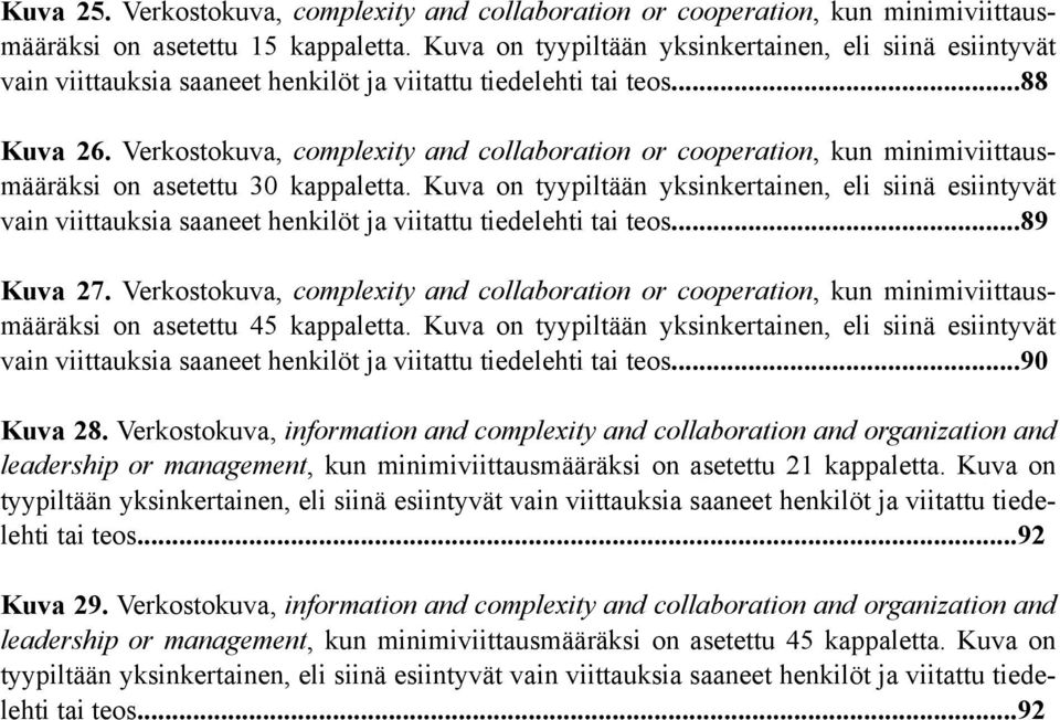 Verkostokuva, complexity and collaboration or cooperation, kun minimiviittausmääräksi on asetettu 30 kappaletta.