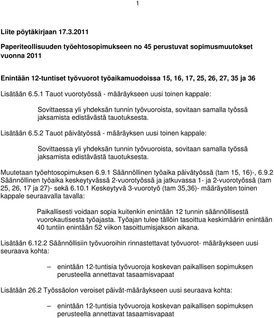 perustuvat sopimusmuutokset vuonna 2011 Enintään 12-tuntiset työvuorot työaikamuodoissa 15,
