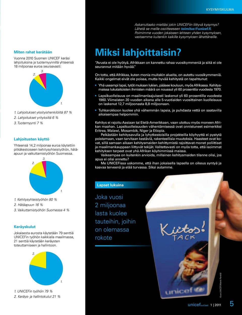 Miten rahat kerätään Vuonna 2010 Suomen UNICEF keräsi lahjoituksina ja tuotemyynnillä yhteensä 18 miljoonaa euroa seuraavasti: 2. 3. Miksi lahjoittaisin? Avusta ei ole hyötyä.