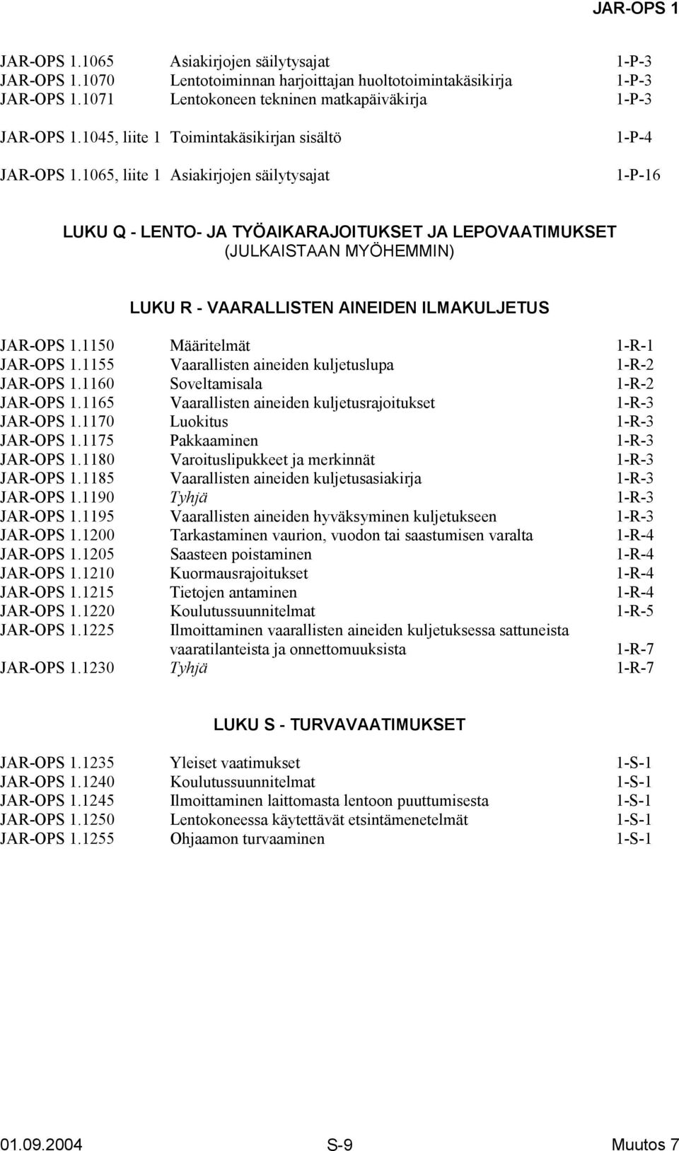 1065, liite 1 Asiakirjojen säilytysajat 1-P-4 1-P-16 LUKU Q - LENTO- JA TYÖAIKARAJOITUKSET JA LEPOVAATIMUKSET (JULKAISTAAN MYÖHEMMIN) LUKU R - VAARALLISTEN AINEIDEN ILMAKULJETUS JAR-OPS 1.