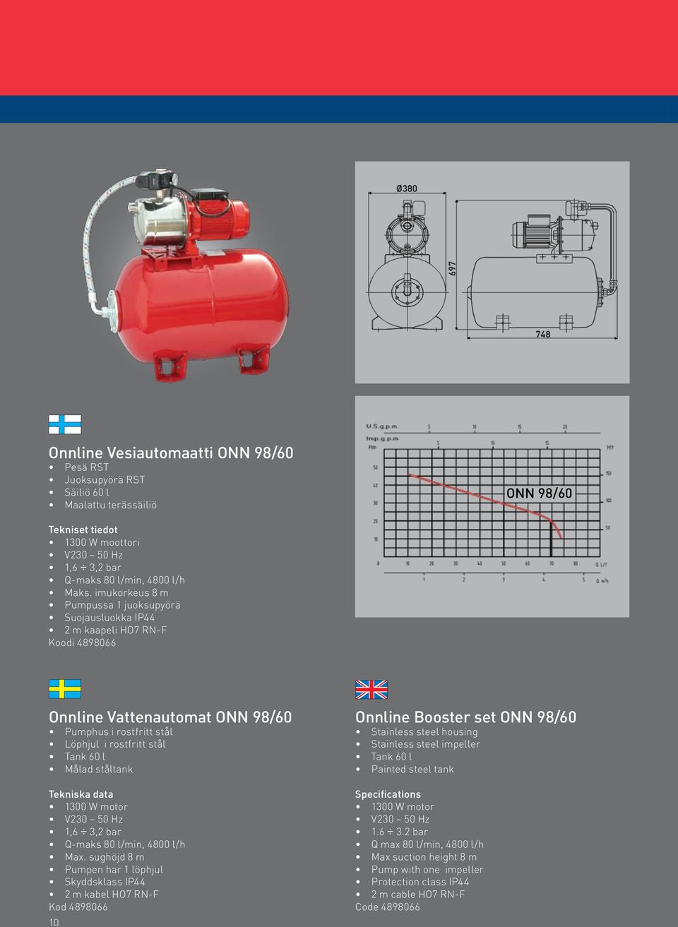 Målad ståltank 1300 W motor Q-maks 80 l/min, 4800 l/h Max.