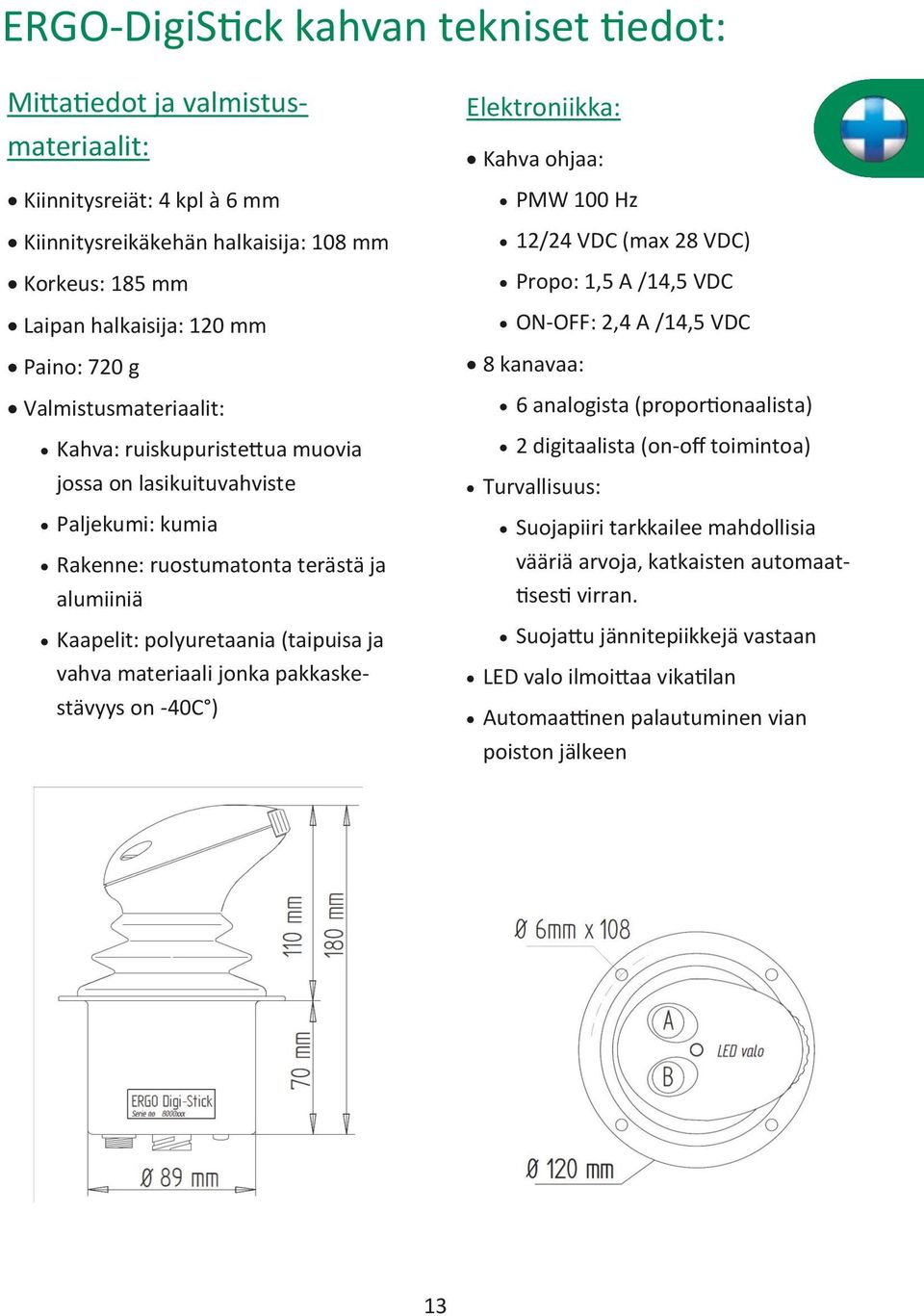 jonka pakkaskestävyys on -40C ) Elektroniikka: Kahva ohjaa: PMW 100 Hz 12/24 VDC (max 28 VDC) Propo: 1,5 A /14,5 VDC ON-OFF: 2,4 A /14,5 VDC 8 kanavaa: 6 analogista (proportionaalista) 2 digitaalista