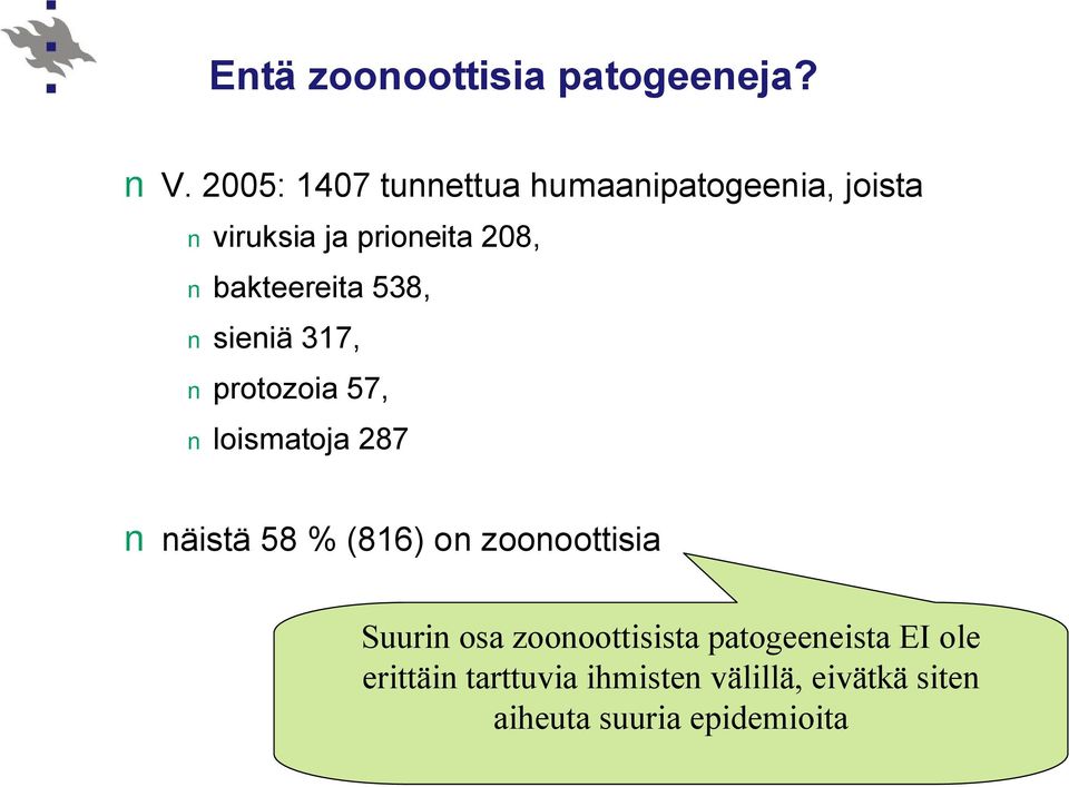 bakteereita 538, sieniä 317, protozoia 57, loismatoja 287 näistä 58 % (816) on