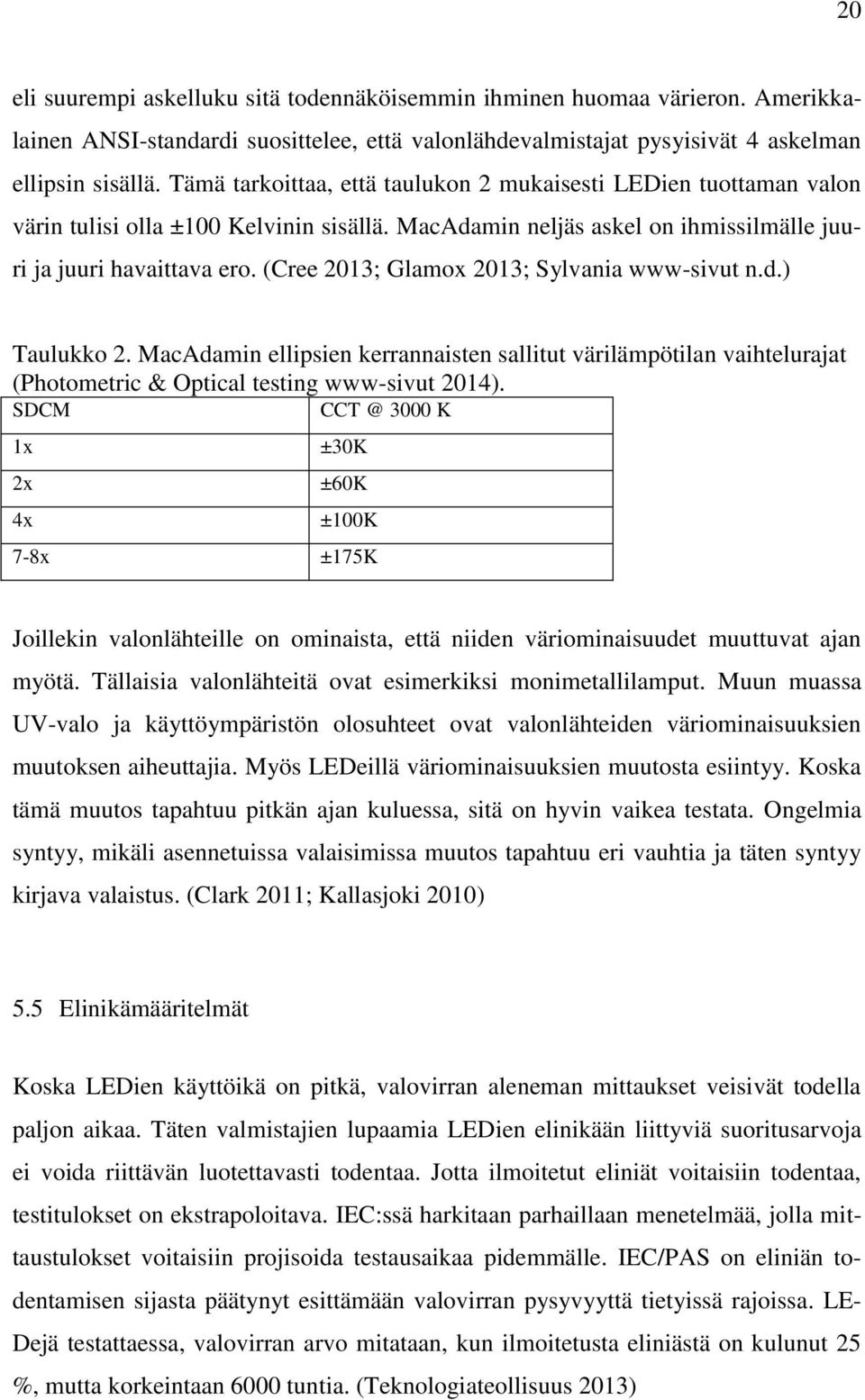 (Cree 2013; Glamox 2013; Sylvania www-sivut n.d.) Taulukko 2. MacAdamin ellipsien kerrannaisten sallitut värilämpötilan vaihtelurajat (Photometric & Optical testing www-sivut 2014).