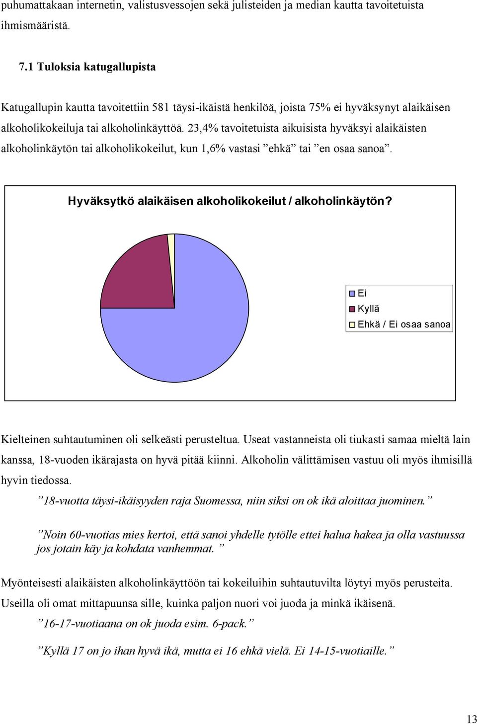 23,4% tavoitetuista aikuisista hyväksyi alaikäisten alkoholinkäytön tai alkoholikokeilut, kun 1,6% vastasi ehkä tai en osaa sanoa. Hyväksytkö alaikäisen alkoholikokeilut / alkoholinkäytön?