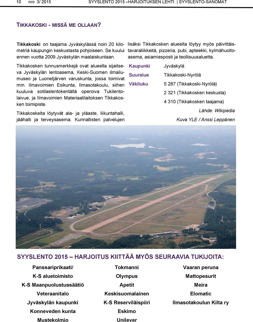 Tikkakosken tunnusmerkkejä ovat alueella sijaitseva Jyväskylän lentoasema, Keski-Suomen ilmailumuseo ja Luonetjärven varuskunta, jossa toimivat mm.