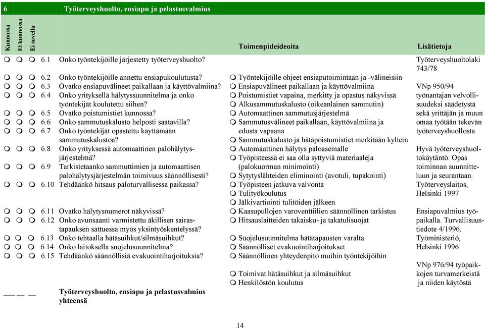 4 Onko yrityksellä hälytyssuunnitelma ja onko ⓿ Poistumistiet vapaina, merkitty ja opastus näkyvissä työnantajan velvollityöntekijät koulutettu siihen?