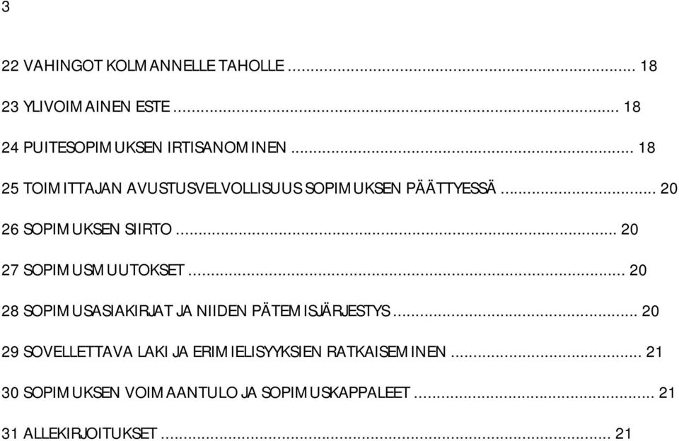 .. 20 27 SOPIMUSMUUTOKSET... 20 28 SOPIMUSASIAKIRJAT JA NIIDEN PÄTEMISJÄRJESTYS.