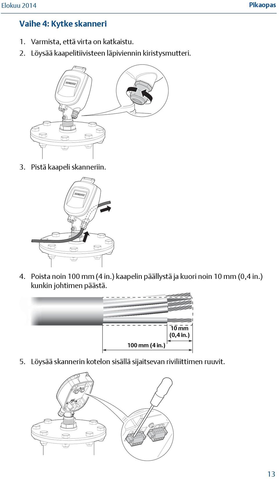 Poista noin 100 mm (4 in.) kaapelin päällystä ja kuori noin 10 mm (0,4 in.