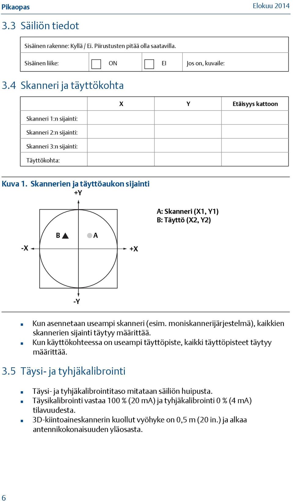 Skannerien ja täyttöaukon sijainti +Y A: Skanneri (X1, Y1) B: Täyttö (X2, Y2) -X B A +X -Y Kun asennetaan useampi skanneri (esim.